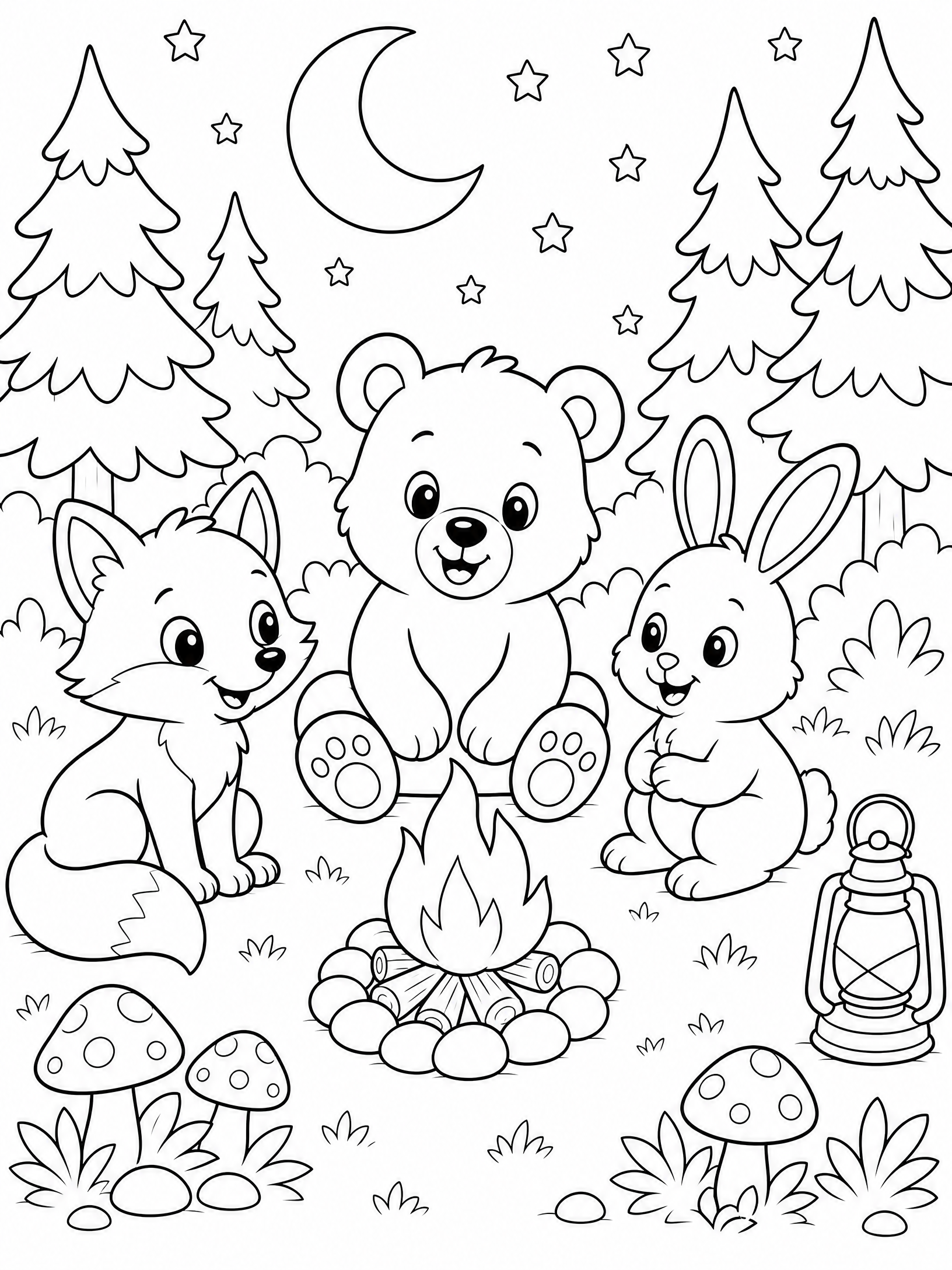 Woodland Campfire Friends Coloring Page printable coloring page preview