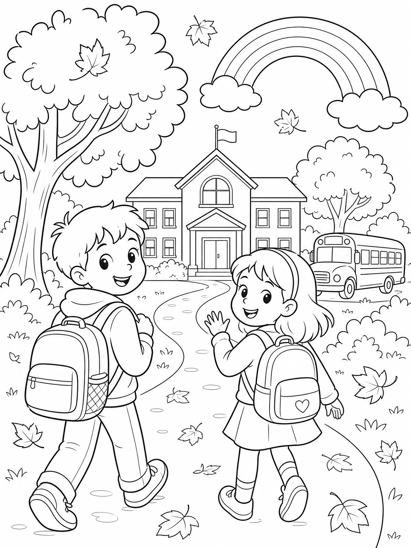 First Day of School Friends Coloring Page printable coloring page preview